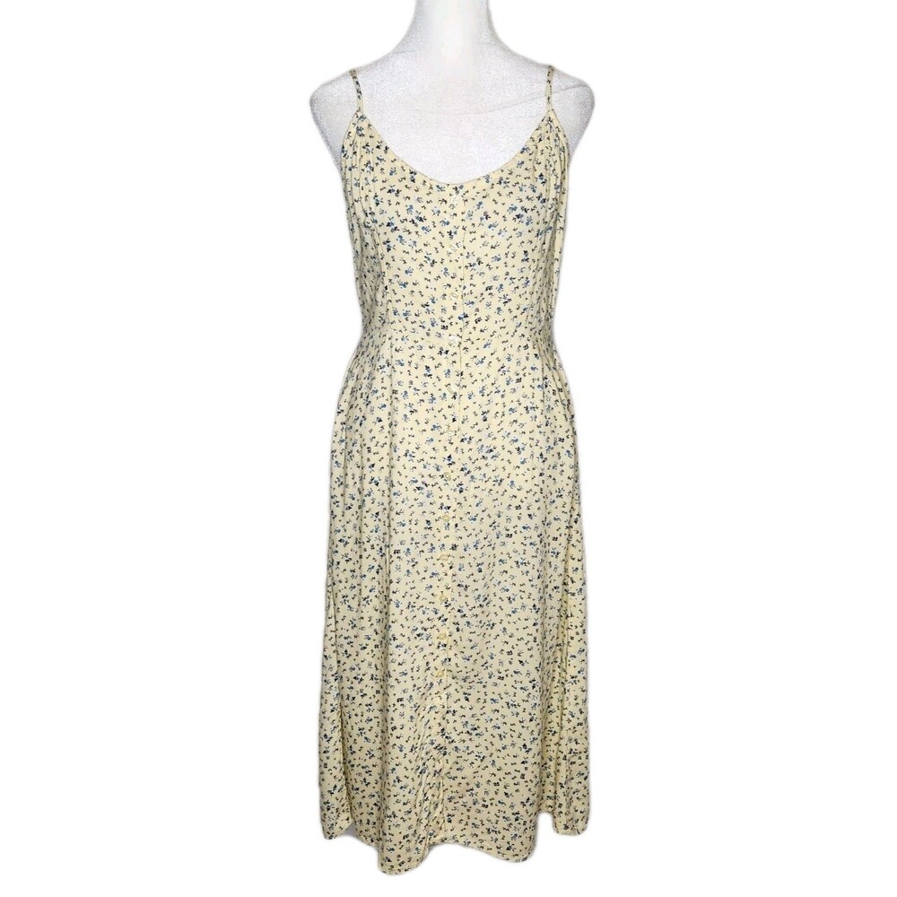 Arizona Jean Co Ditsy Floral Midi Dress Yellow Sleeveless Smocked M Retro 90s
